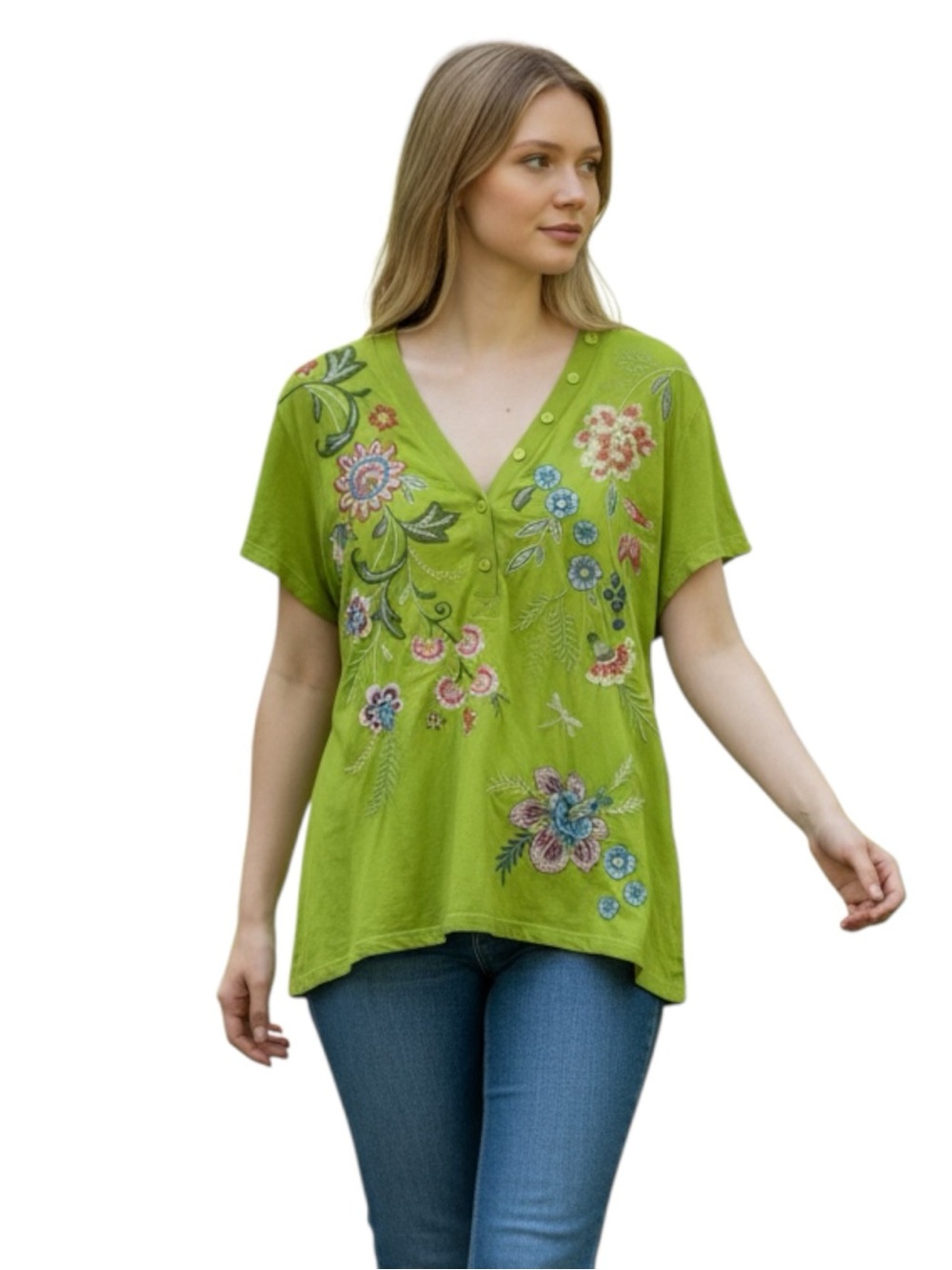 Johnny Was Julianna Button Neck Embroidered Tee Green Sz XL Like New